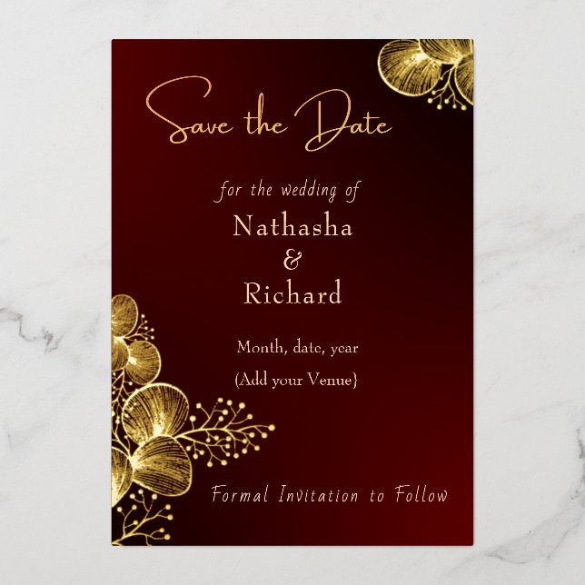 Burgundy & Glided Floral Elegant Wedding  Foil Invitation (Front)