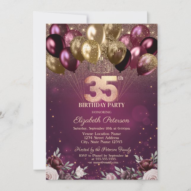 Burgundy Glitter Balloons Flowers 35th Birthday  Invitation (Front)