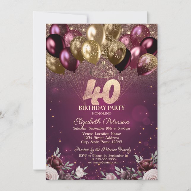 Burgundy Glitter Balloons Flowers 40th Birthday  Invitation (Front)