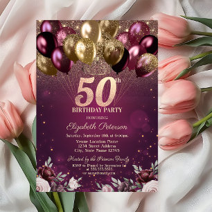 Burgundy Glitter Balloons Flowers 50th Birthday Invitation