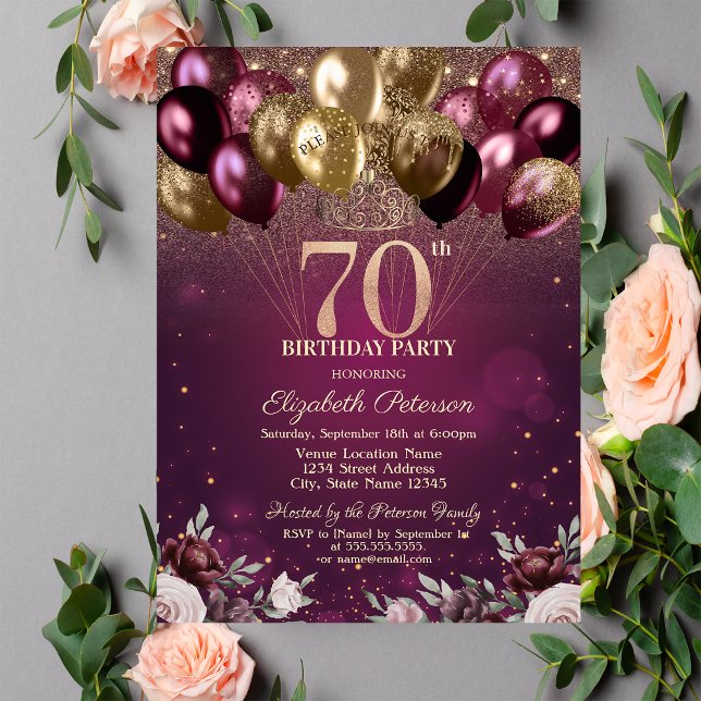 Burgundy Glitter Balloons Flowers 70th Birthday  Invitation (Creator Uploaded)