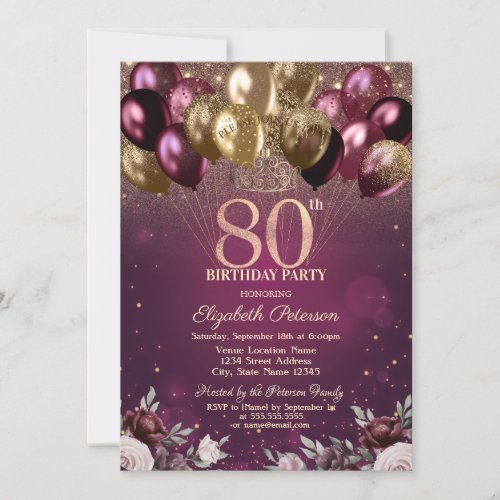 Burgundy Glitter Balloons Flowers 80th Birthday  Invitation