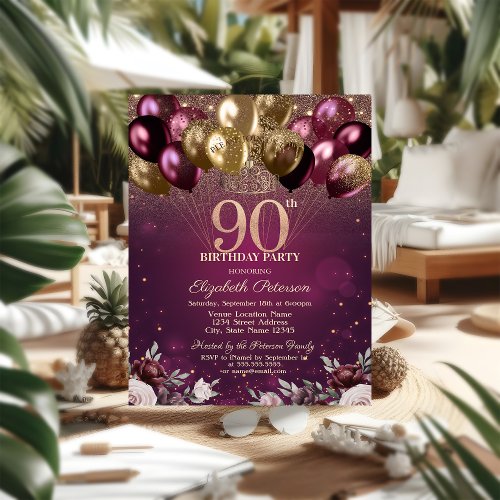 Burgundy Glitter Balloons Flowers 90th Birthday  Invitation