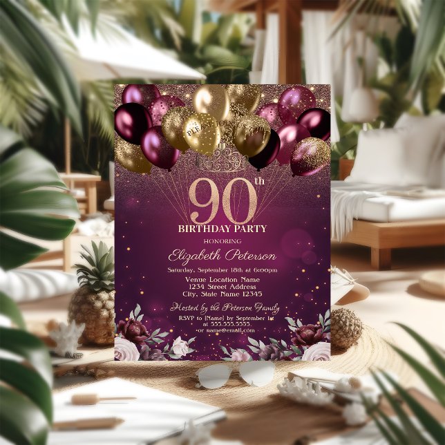 Burgundy Glitter Balloons Flowers 90th Birthday  Invitation (Creator Uploaded)