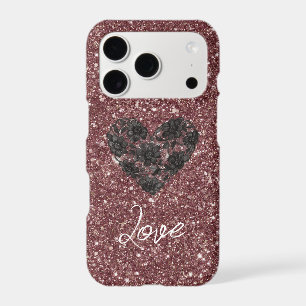Burgundy Glitter Black Floral Heart iPhone 17 Pro Case