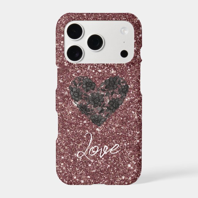 Burgundy Glitter Black Floral Heart iPhone Case (Back)