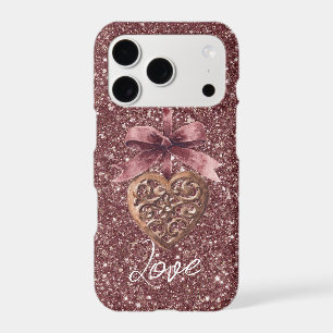 Burgundy Glitter Bow Heart iPhone 17 Pro Case
