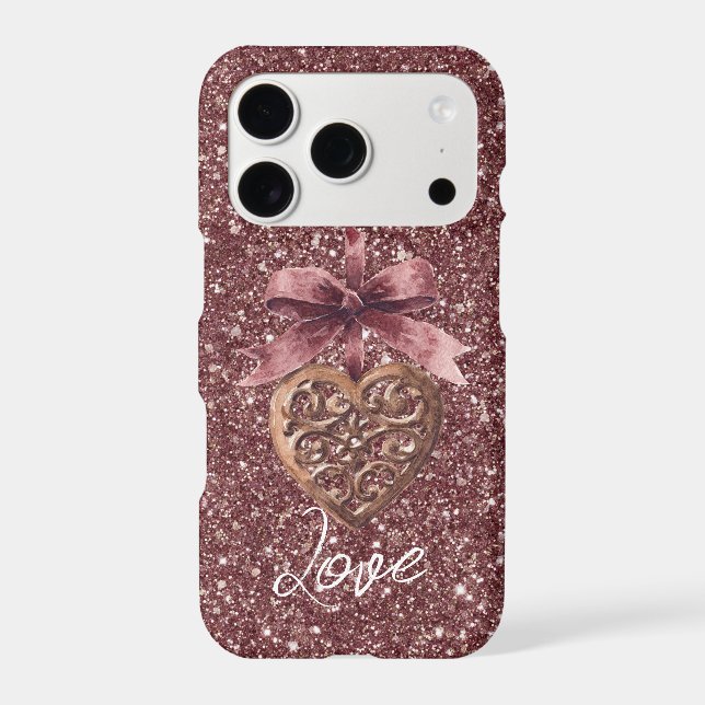 Burgundy Glitter Bow Heart iPhone Case (Back)