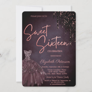Burgundy Glitter Drips Chic Dress Sweet 16  Invitation