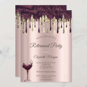 Burgundy Glitter Drips Glass Rose Gold Retirement Invitation