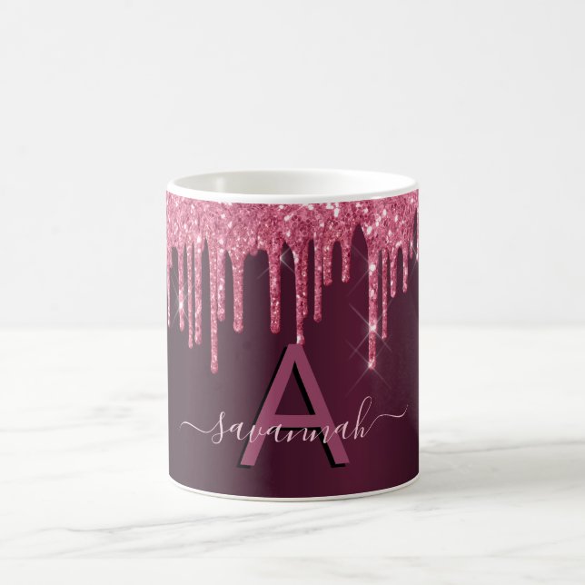 Burgundy glitter drips monogram script coffee mug (Center)