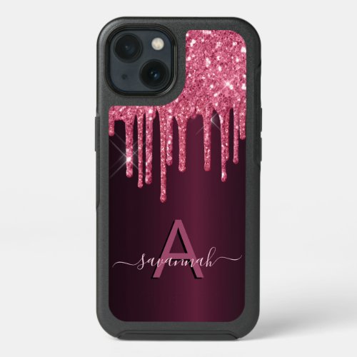 Burgundy glitter drips monogram script iPhone 13 case