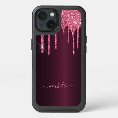 Burgundy glitter drips name elegant iPhone 13 case