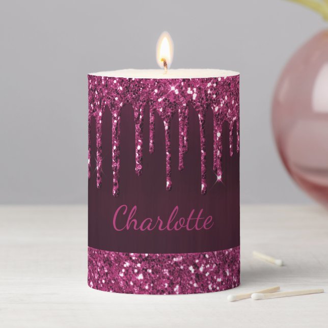 Burgundy glitter drips name pillar candle (In Situ)