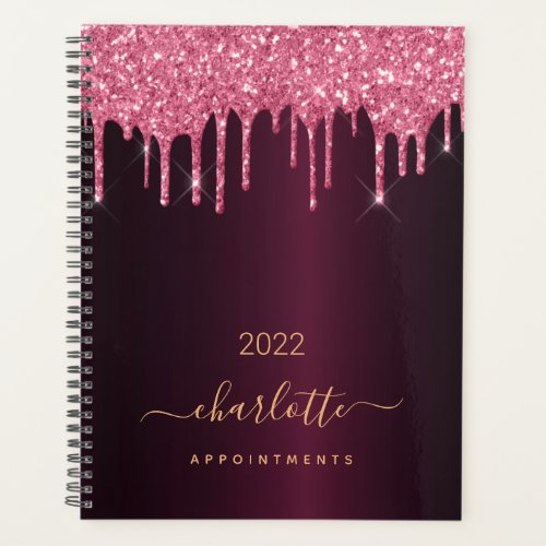 Burgundy glitter drips pink monogram 2024 planner