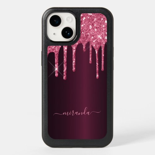 Burgundy glitter drips pink name script OtterBox iPhone 14 case