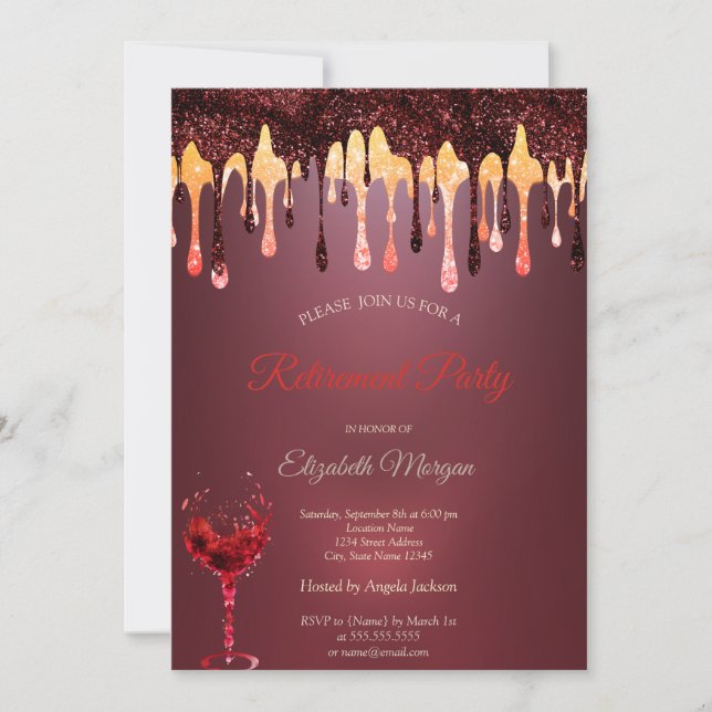 Burgundy Glitter Drips Wine Glass Retirement  Invitation (Front)