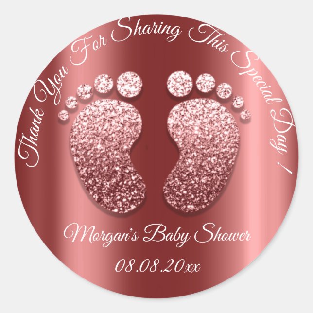 Burgundy Glitter Feet Baby Shower Favor Thank You Classic Round Sticker (Front)