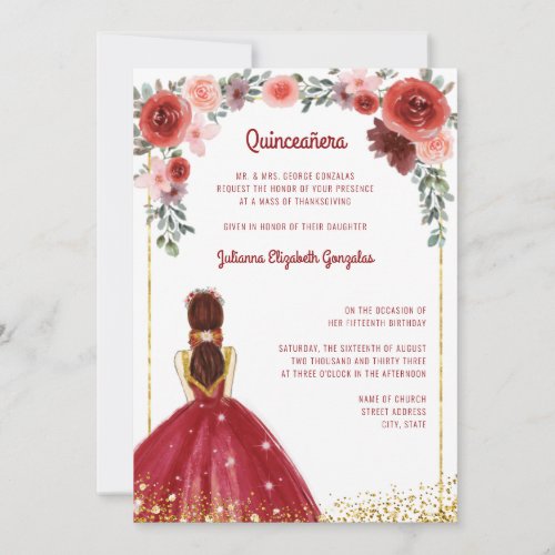 Burgundy Glitter Floral Princess Quinceanera Mass Invitation