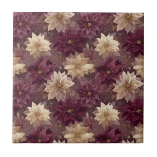 Burgundy Glitter Gold Snowflake Glam Winter Ceramic Tile