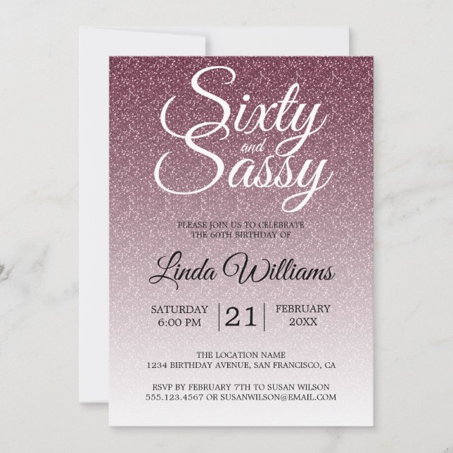 Burgundy Glitter Ombre 60 and Sassy 60th Birthday Invitation (Front)