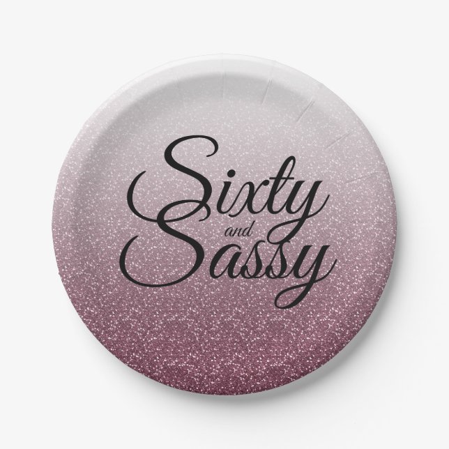 Burgundy Glitter Ombre 60 and Sassy 60th Birthday Paper Plates (Front)
