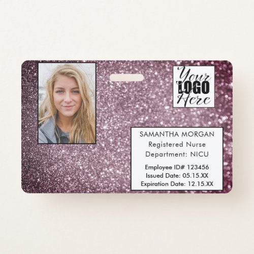 Burgundy Glitter Photo Logo Employee ID Badge