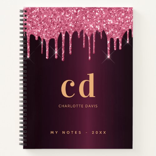 Burgundy glitter pink gold monogram name notebook