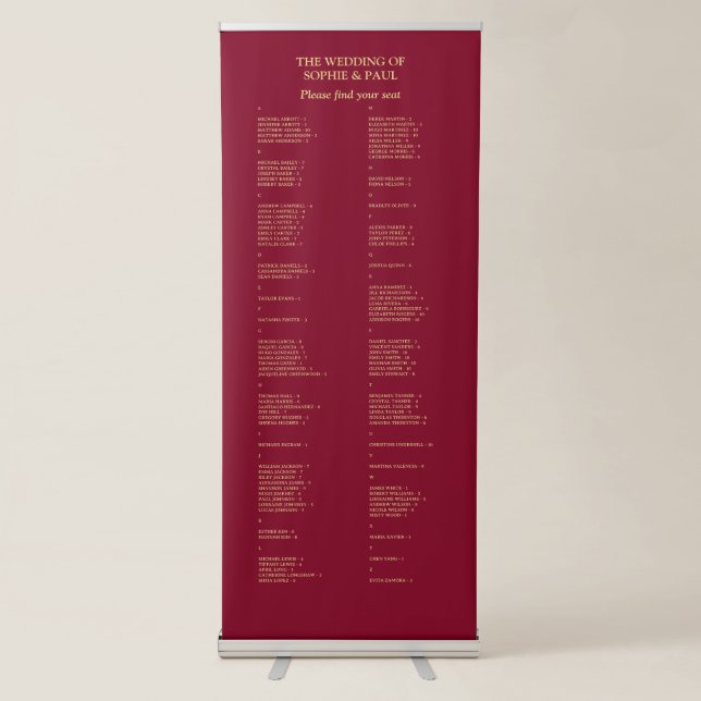 Burgundy Gold 100 Guest Wedding Seating Chart Retractable Banner (Front)