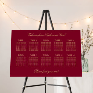 Burgundy Gold 10 Table Seating Chart Foam Board