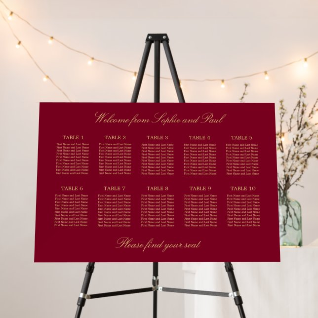 Burgundy Gold 10 Table Seating Chart Foam Board (In Situ (Stand))