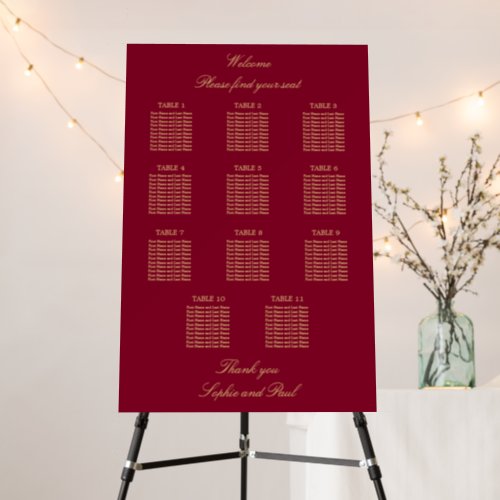 Burgundy Gold 11 Table Seating Chart Foam Board