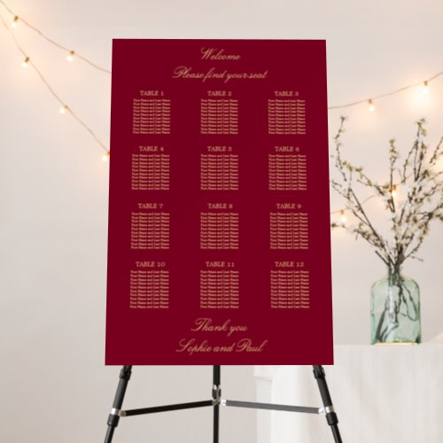 Burgundy Gold 12 Table Seating Chart Foam Board