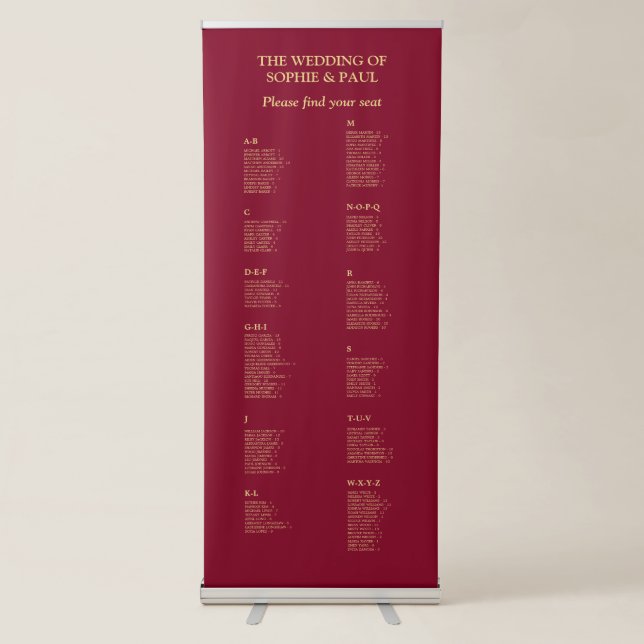 Burgundy Gold 130 Guest Wedding Seating Chart Retractable Banner (Front)