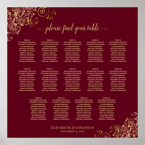Burgundy  Gold 14 Table Wedding Seating Chart