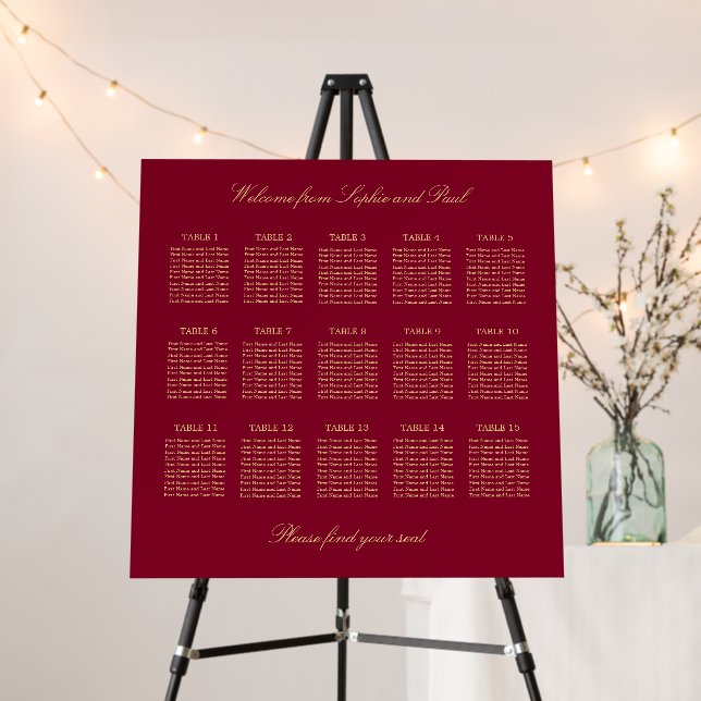 Burgundy Gold 15 Table Seating Chart Foam Board (In Situ (Stand))