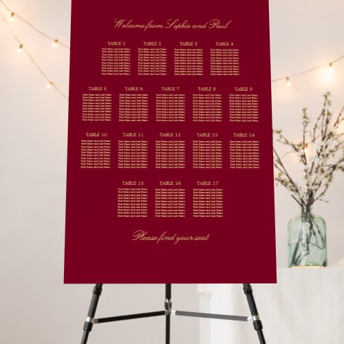 Burgundy Gold 17 Table Seating Chart Foam Board