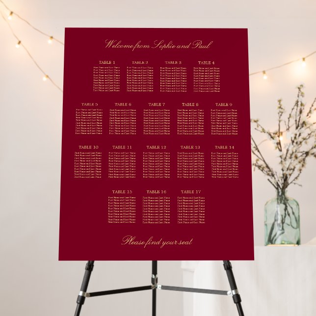 Burgundy Gold 17 Table Seating Chart Foam Board (In Situ (Stand))