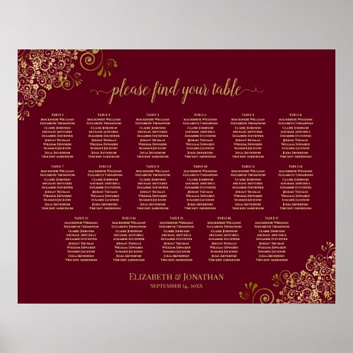 Burgundy  Gold 17 Table Wedding Seating Chart