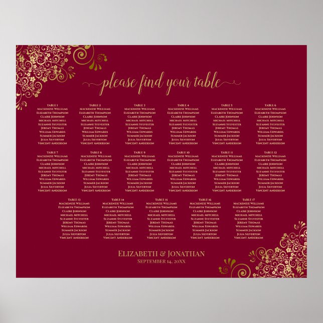 Burgundy & Gold 17 Table Wedding Seating Chart (Front)