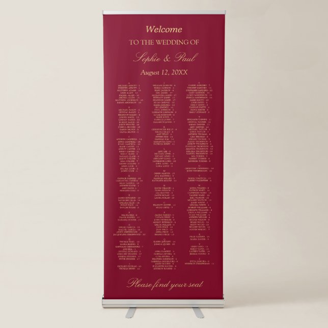 Burgundy Gold 180 Guest Welcome Seating Chart Retractable Banner (Front)