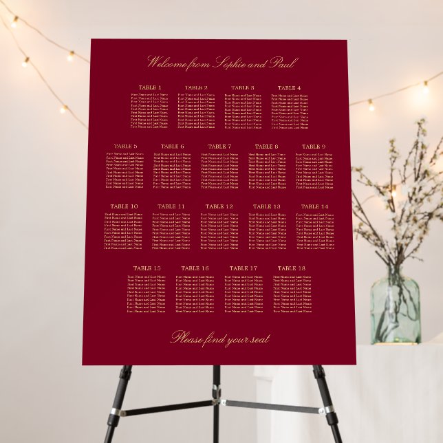Burgundy Gold 18 Table Seating Chart Foam Board (In Situ (Stand))