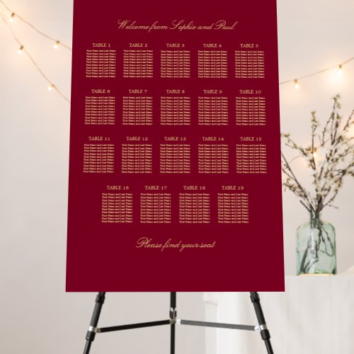 Burgundy Gold 19 Table Seating Chart Foam Board