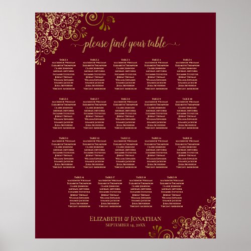 Burgundy  Gold 19 Wedding Table Seating Chart