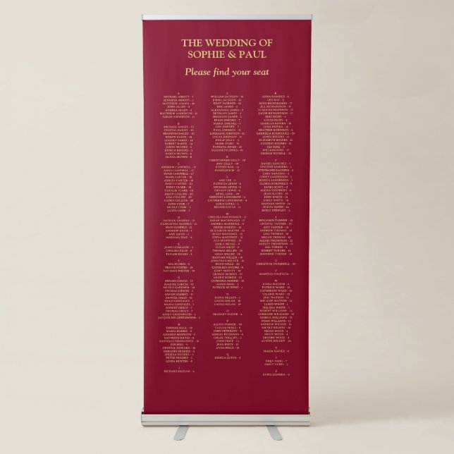 Burgundy Gold 200 Guest Wedding Seating Chart Retractable Banner (Front)
