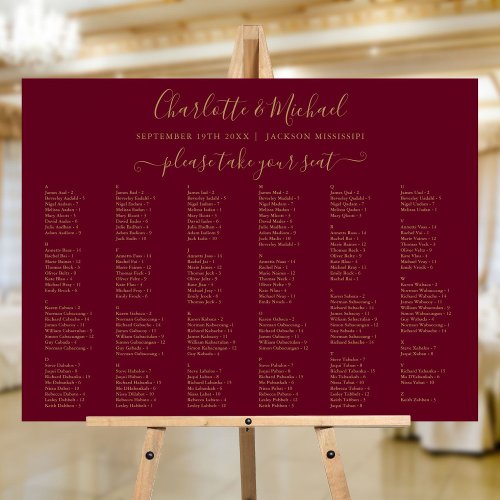 Burgundy Gold  200 Names Wedding Seating Chart Foam Board