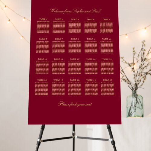 Burgundy Gold 20 Table Seating Chart Foam Board