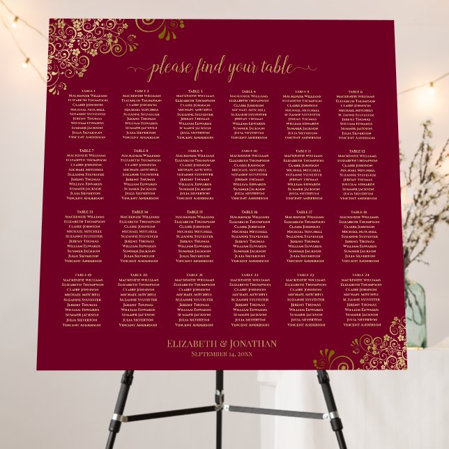 Burgundy & Gold 24 Table Wedding Seating Chart Foam Board (In Situ (Stand))