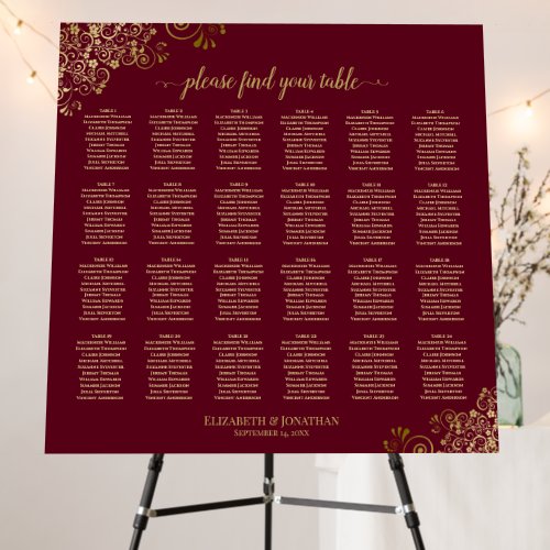 Burgundy  Gold 24 Table Wedding Seating Chart Foam Board