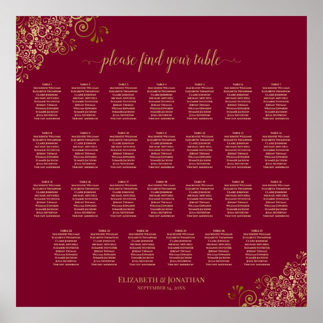 Burgundy & Gold 27 Table Wedding Seating Chart (Front)